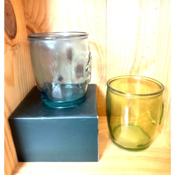 Authentic Recycled San Miguel Lowball Glasses Blue & Yellow Green SZ 4" H x 3" W - Picture 6 of 7